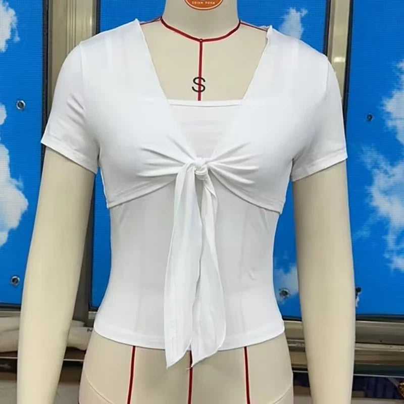 2 Piece Matching Outfits Front Tie Short Sleeve Crop Top