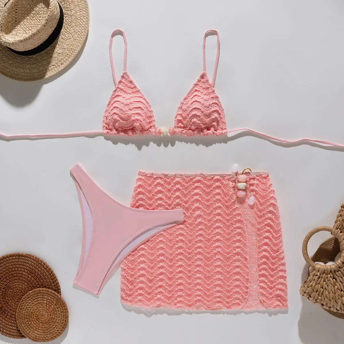 Sexy Coffee Pleate Skirt 3 Piece Swimsuit