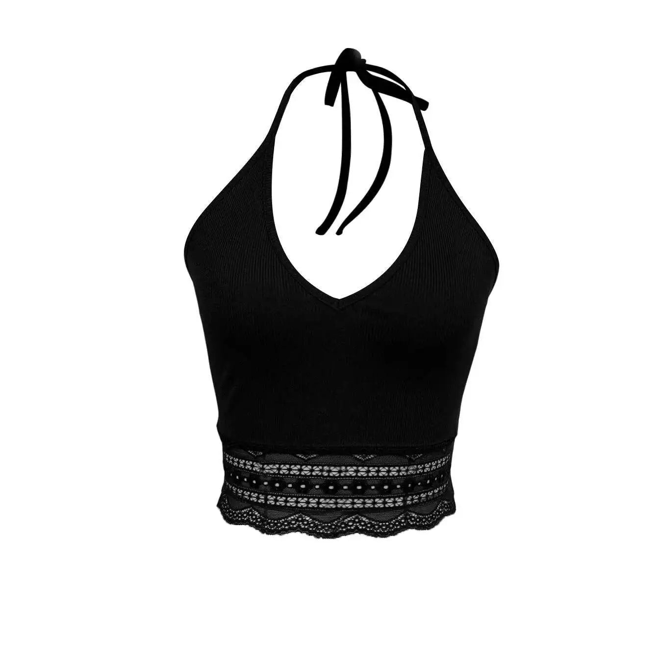 Sexy Black Halter V Neck Ribbed Crop Top