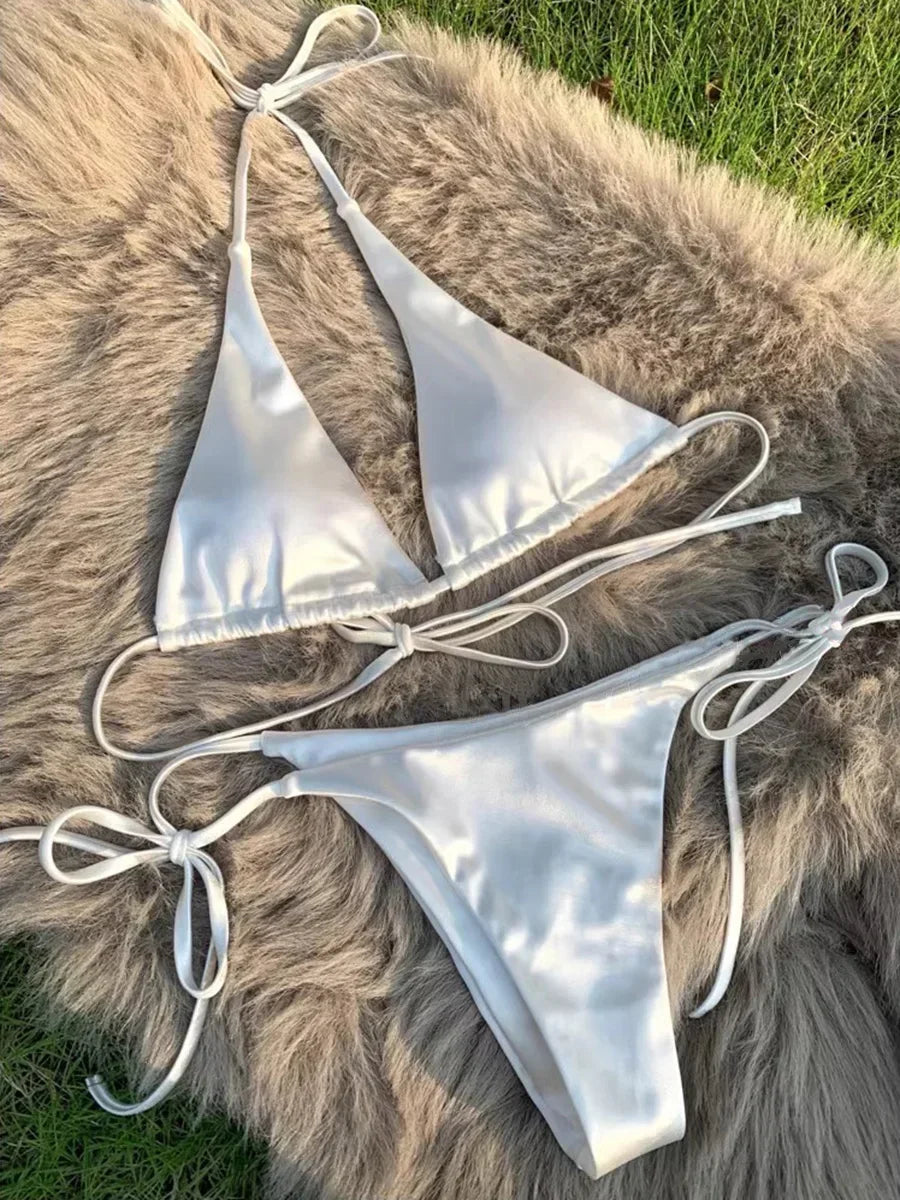 Wrap Around Halter Metallic Satin Bikini