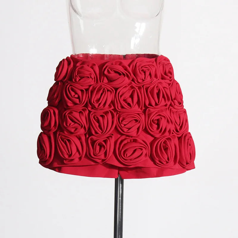 Red Flower High Waist Shorts Skirts