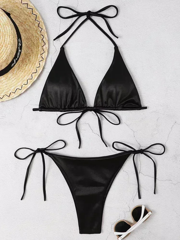Wrap Around Halter Metallic Satin Bikini