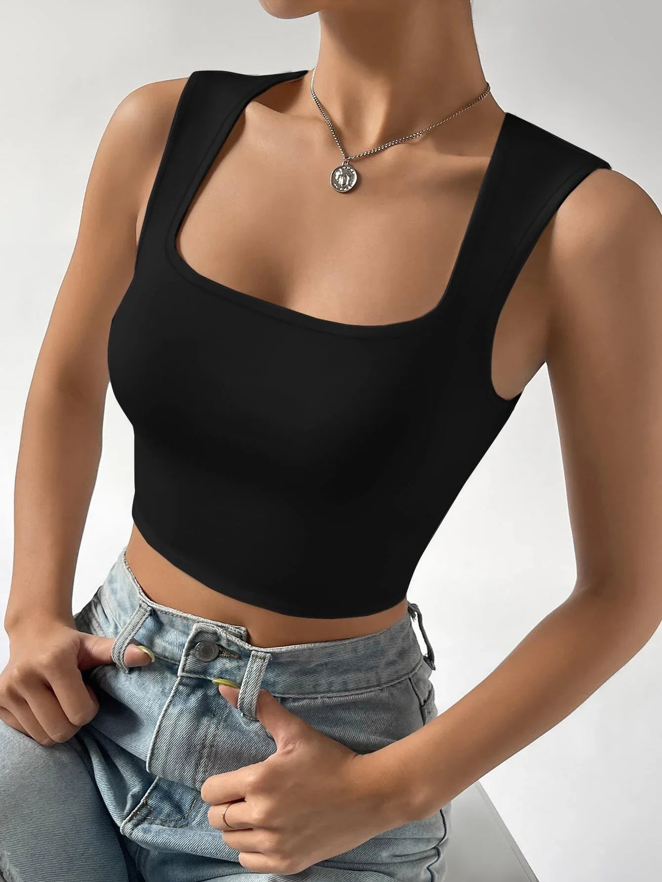 Women's Black Square Neck Tank Top