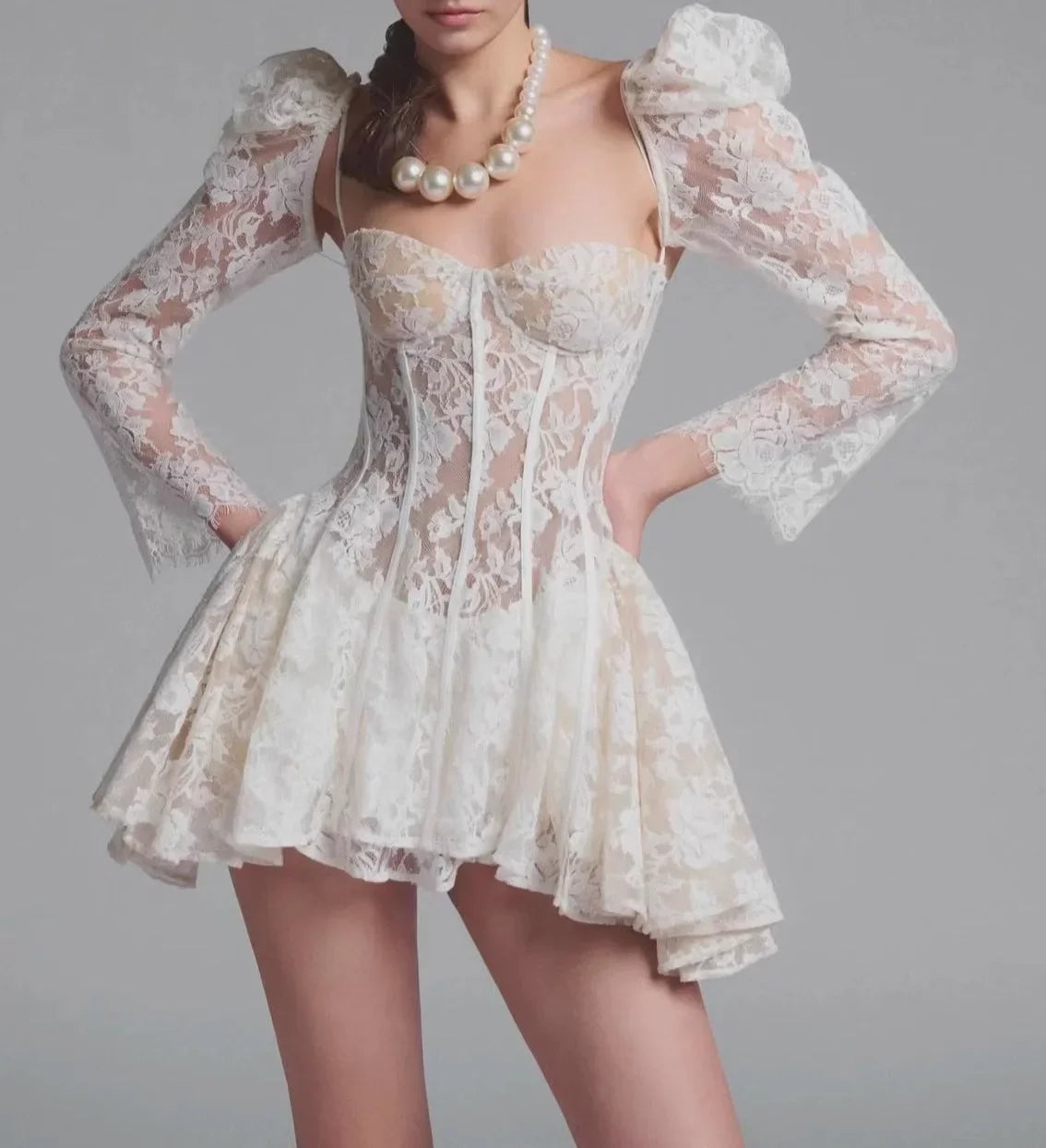 White Lace Flare Sleeve Square Collar Pleated Womens Dress
