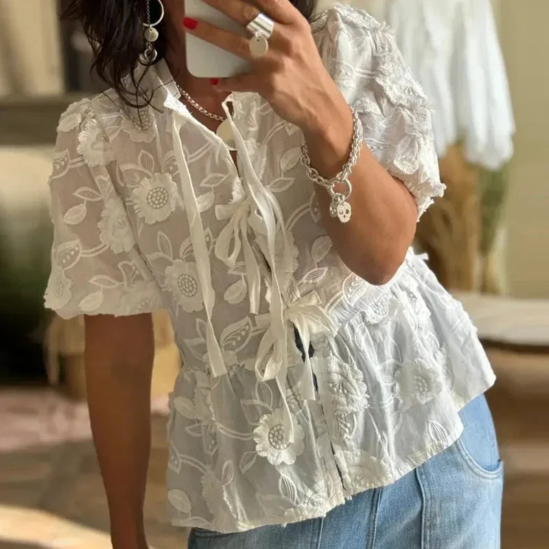 Floral Embroidery Bow Tie Front Babydoll Crop Tops