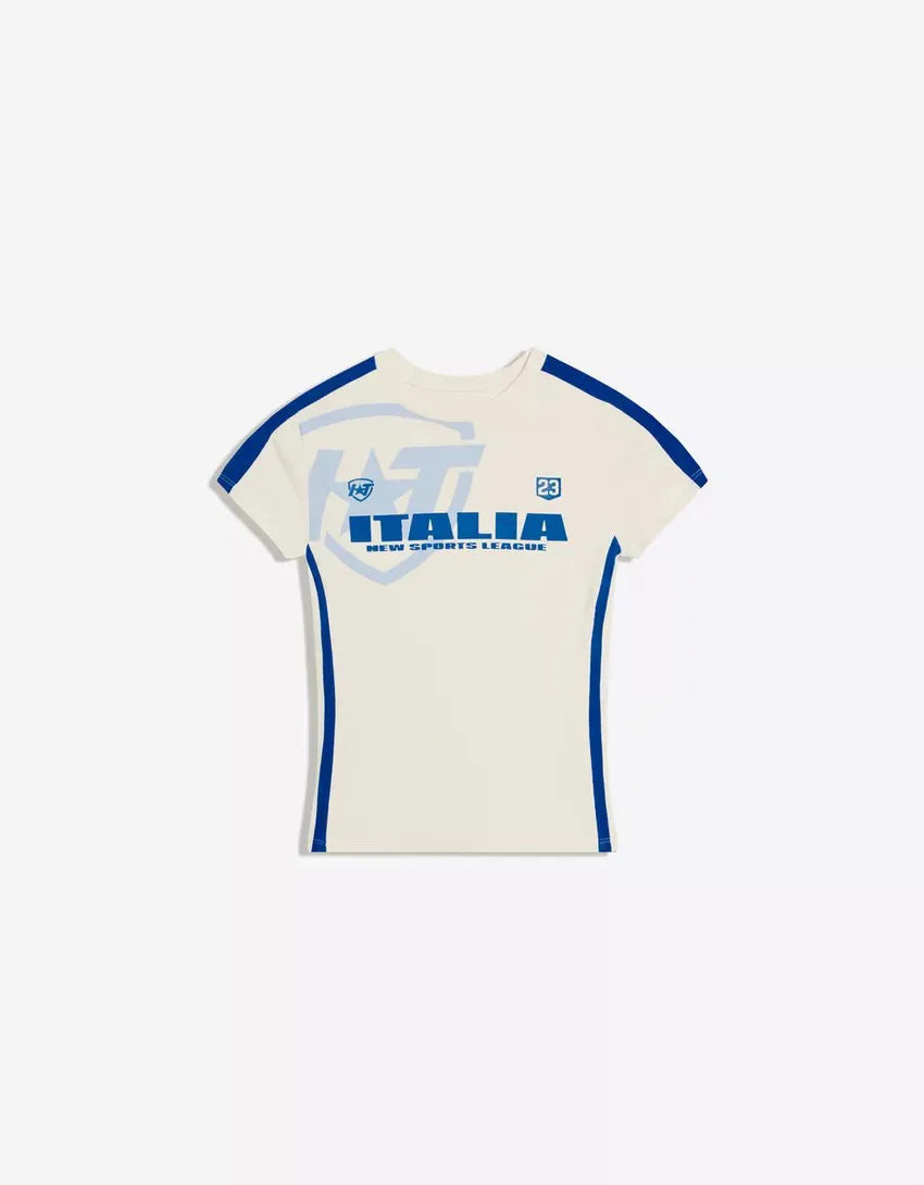 Round Neck Short Sleeve Slim Fit Cropped T-Shirt Star Letter Print Stripe Splicing Top