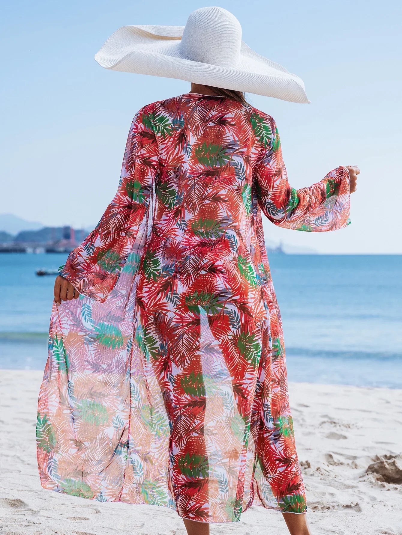 Vintage Red Leaves Print Cover Up 3 Piece Bikini