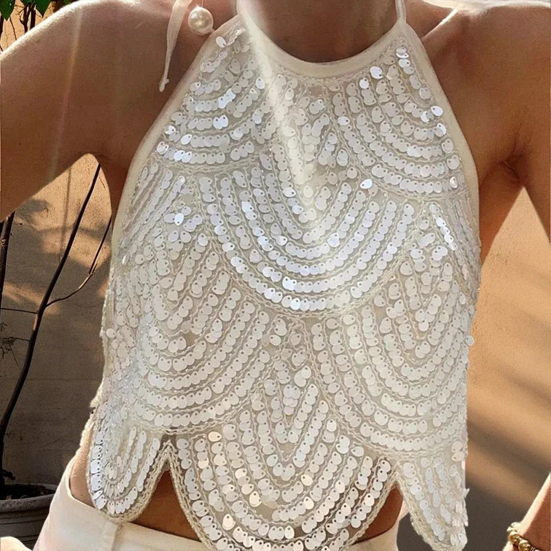 Womens Sequin Halter Tank Top