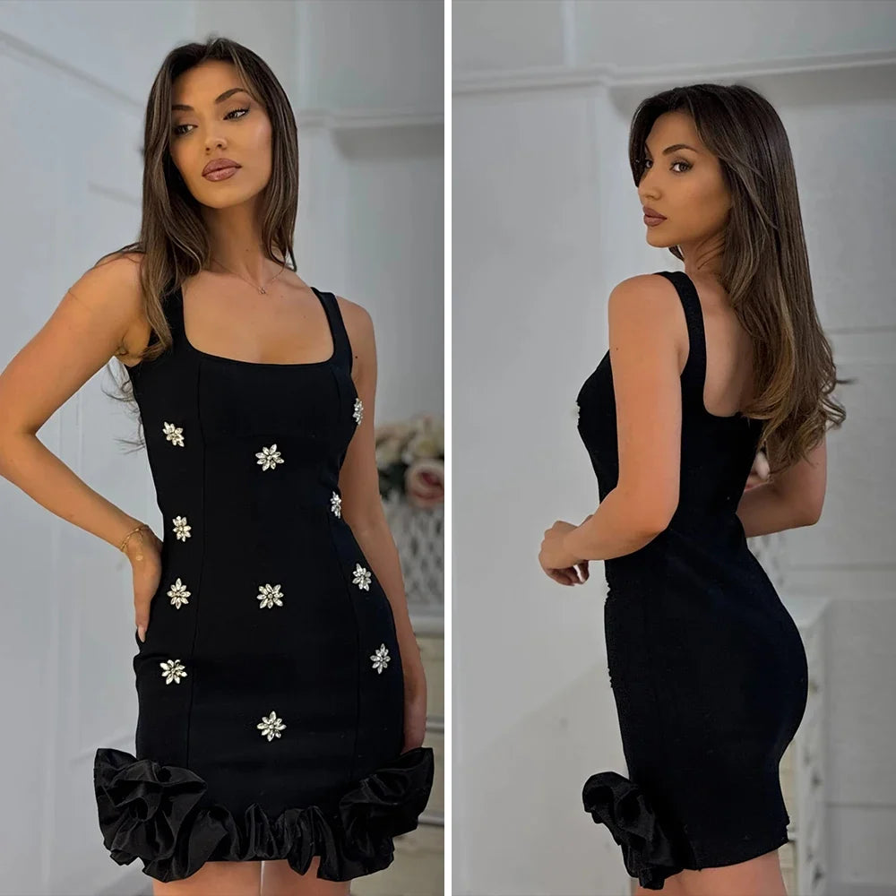 Sexy 3D Floral Bodycon Rhinestone Mini Dress