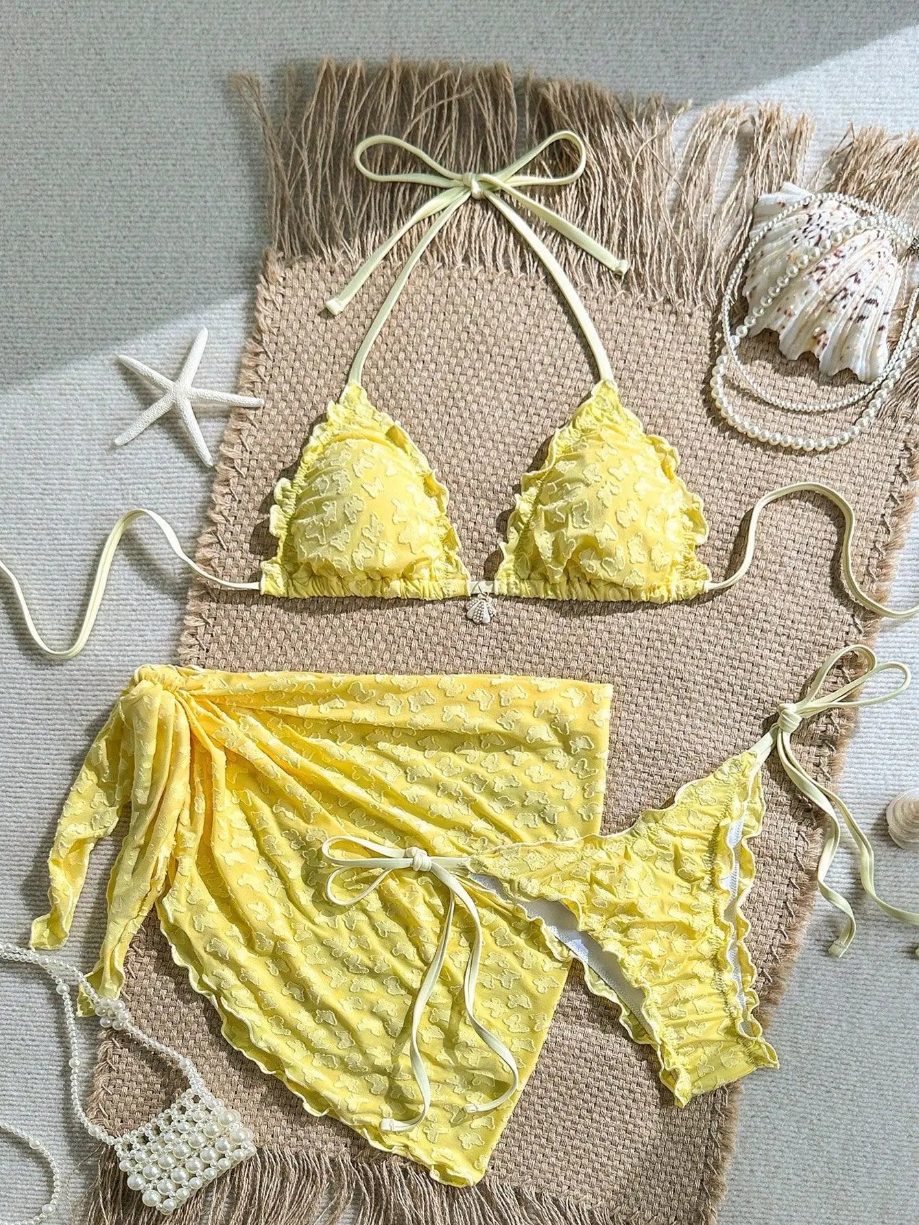 Sexy Yellow Coffee Mesh Skirt 3 Piece Bikini Set