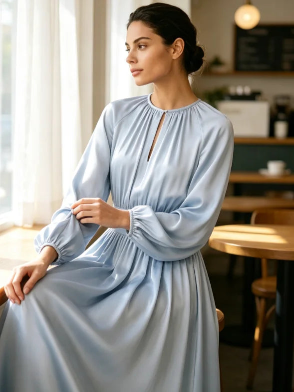 2026Light Blue Satin Midi Dress