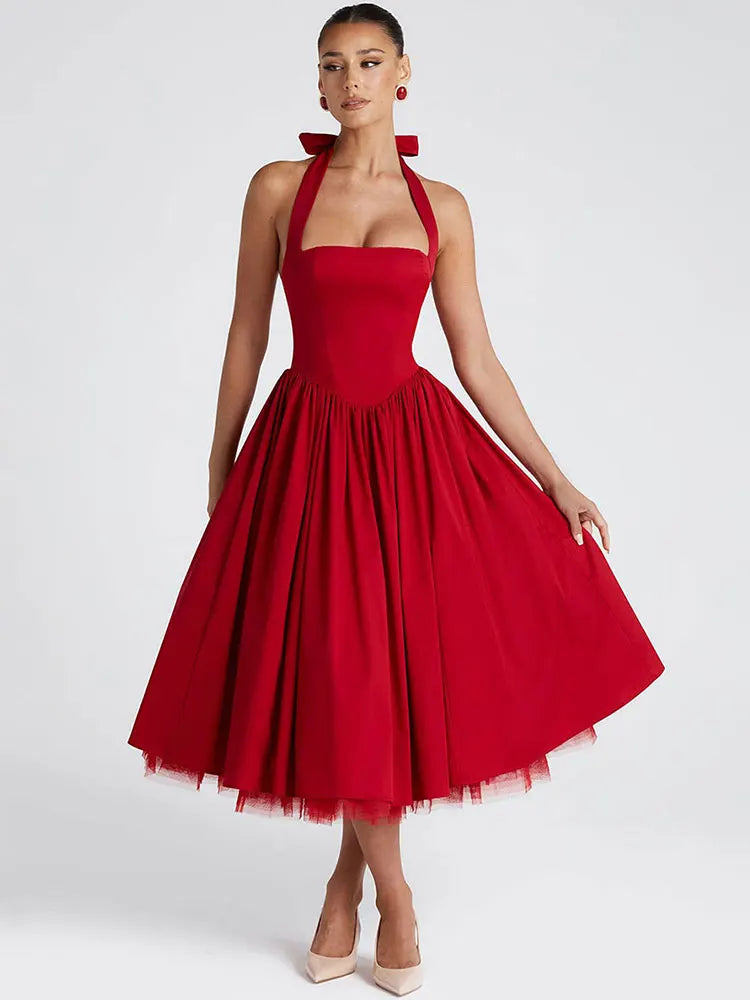 Mesh Back Bandage Halter Sexy Midi Long Dress