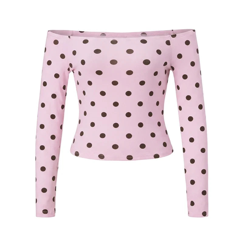 Polka Dot Off Shoulder T-shirt Stretchy Slim Fitted Long Sleeve Blouse Y2K Vintage Coquette Retro Daily Going Out Crop Top