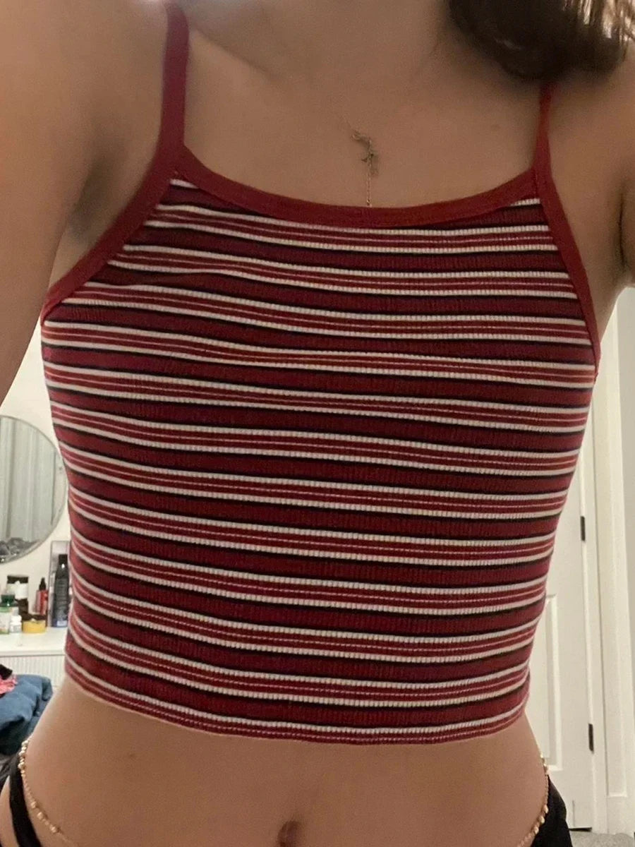 Y2K Vintage Stripe Cropped Camis Ladies Sweet Cotton Tops