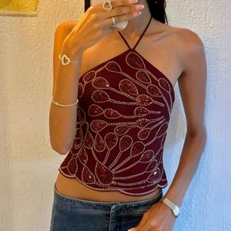 Y2K Sequin Halter Crop Top