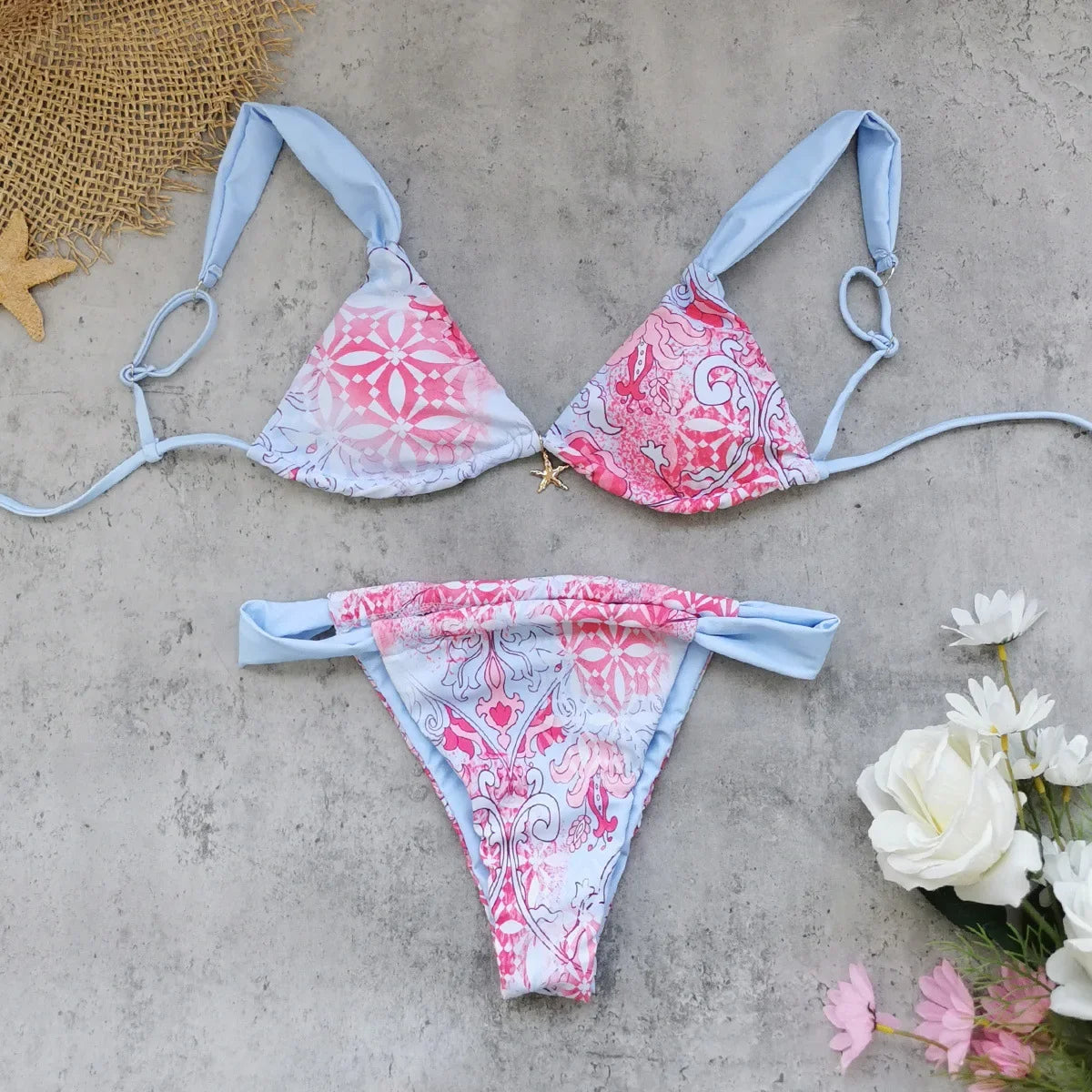 Sexy Sky Blue Floral Print Bikini Set