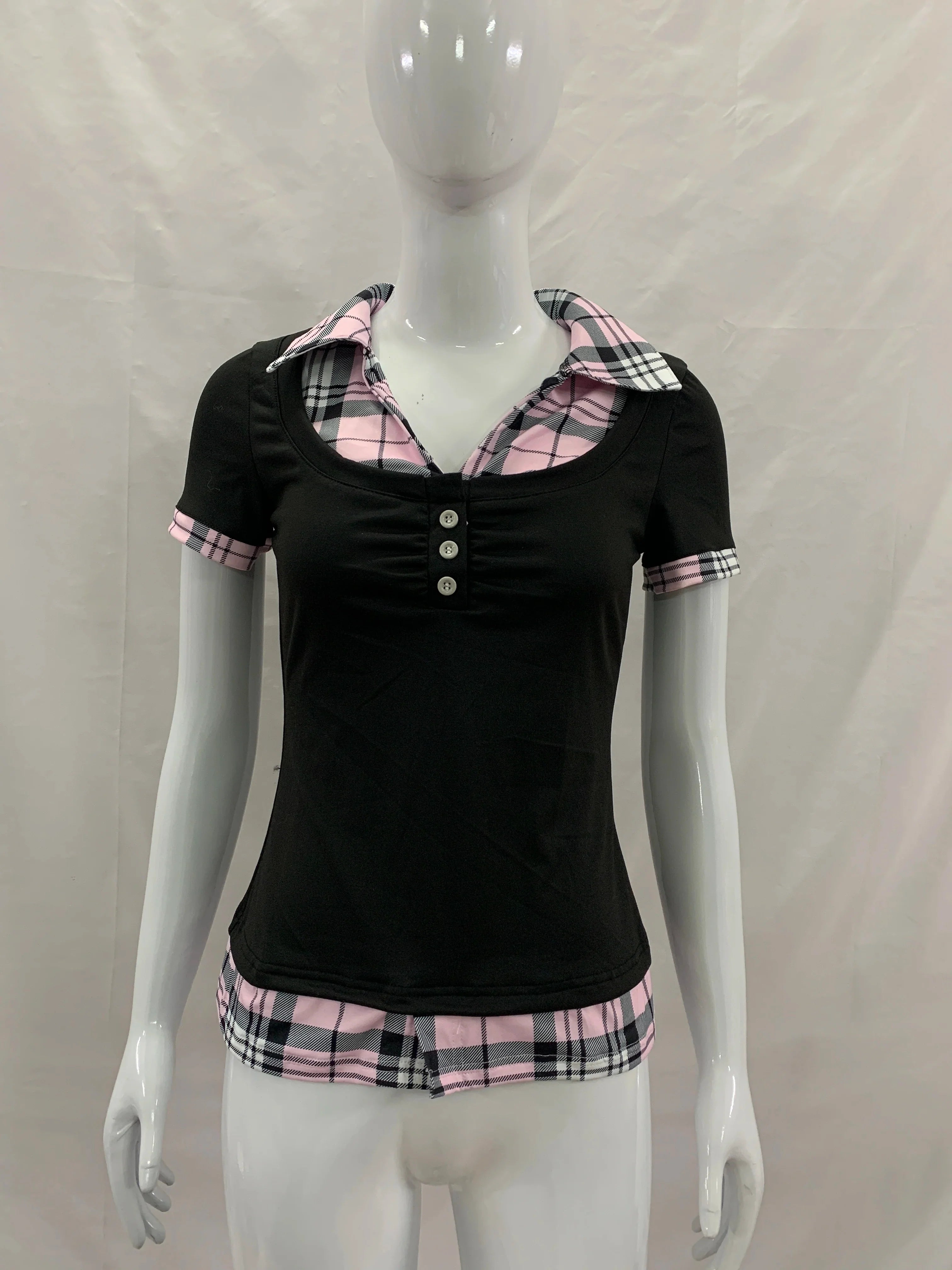 Lapel Fake Two Piece Short Sleeve Tee Slim Cropped Ruched Button Top