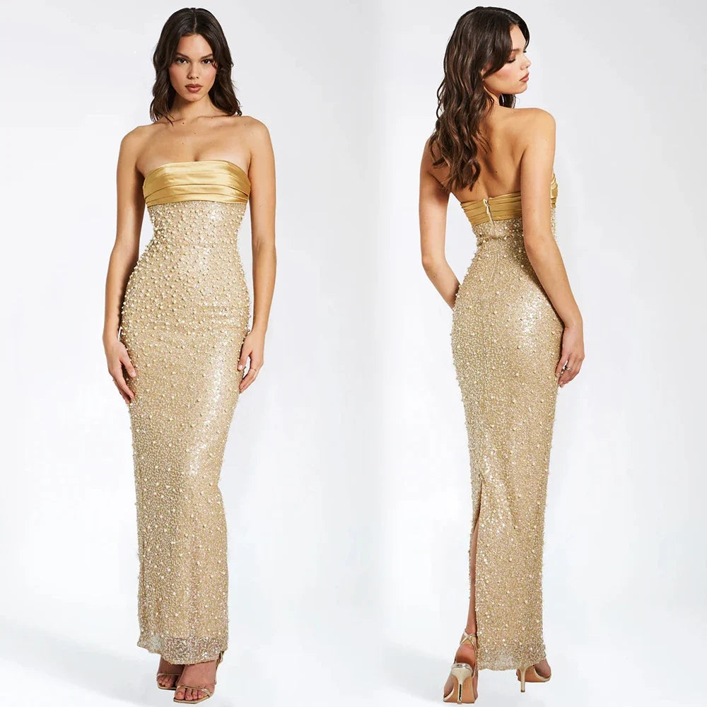 Luxury Strapless Backless Smocked Tiered Slim Fit Pearl Maxi Dress
