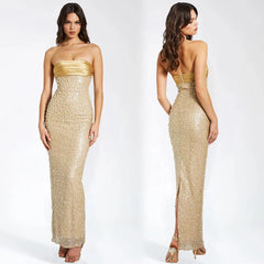 Luxury Strapless Backless Smocked Tiered Slim Fit Pearl Maxi Dress