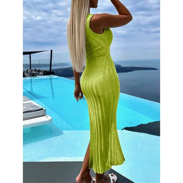Lady Ribbed Knit Halter Slit Maxi Dress