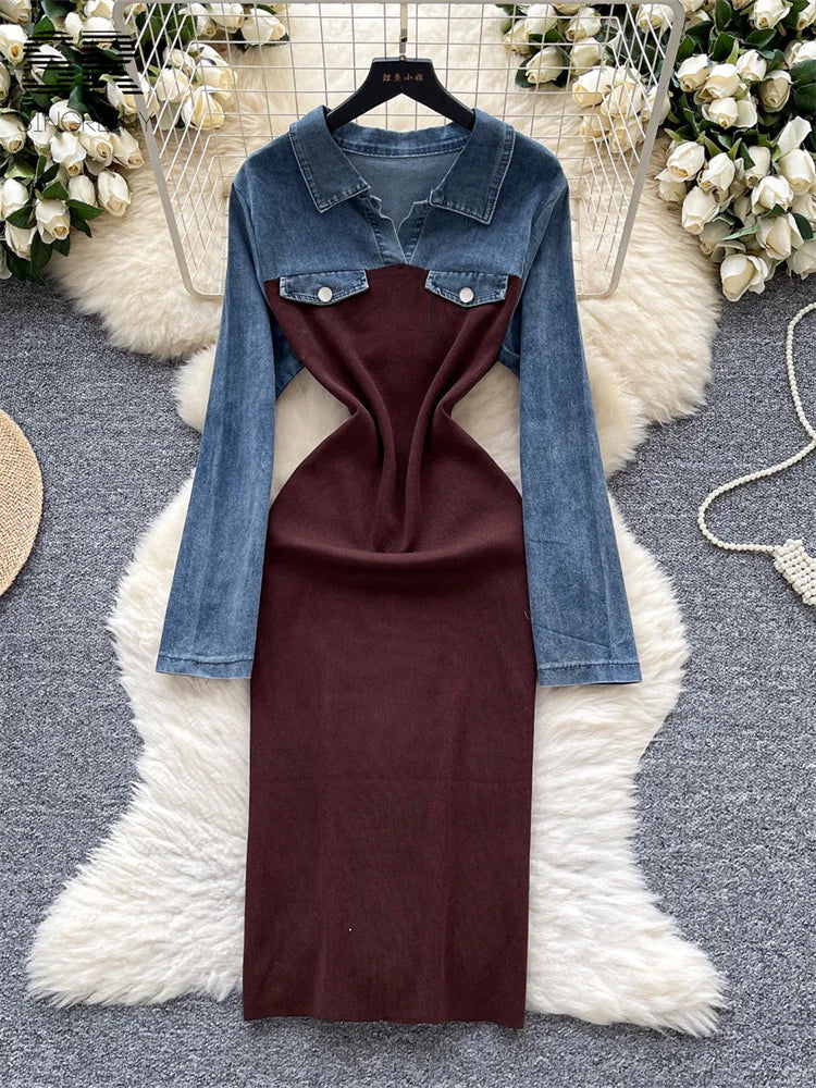 Retro Denim Splice Knit Dress