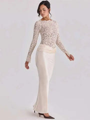 Off Shoulder Lace Satin Maxi Dress