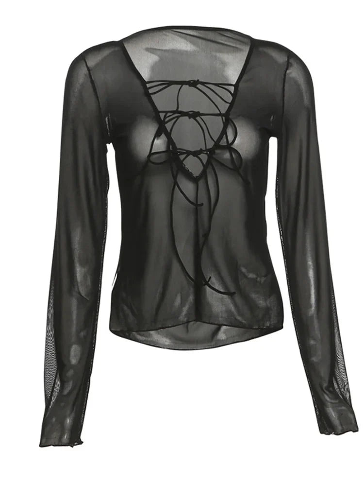 Sexy Lace Up V Neck Long Sleeve Black T Shirts