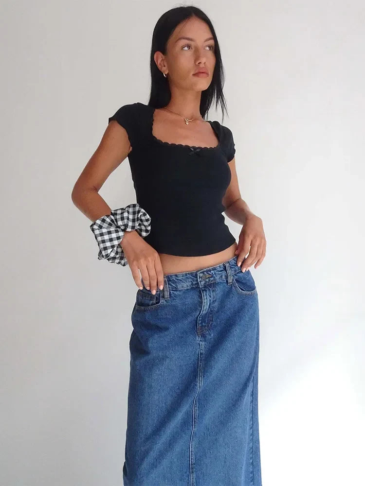 Square Neck Short Sleeve Tee Shirt White Milkmaid Crop Top