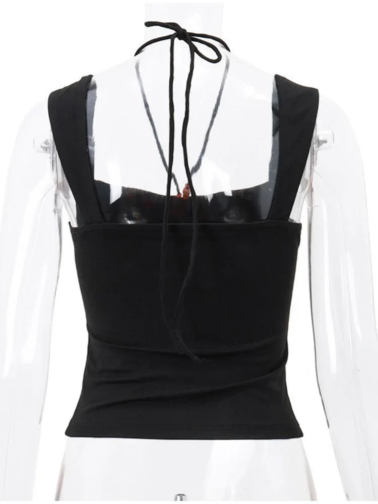 Vintage Black Square-neck Halter Tank Top