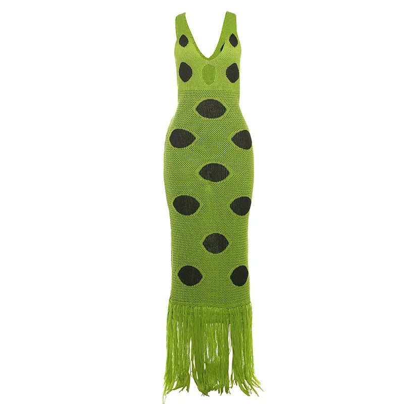 Green Hollow Knitted Tassel Dress