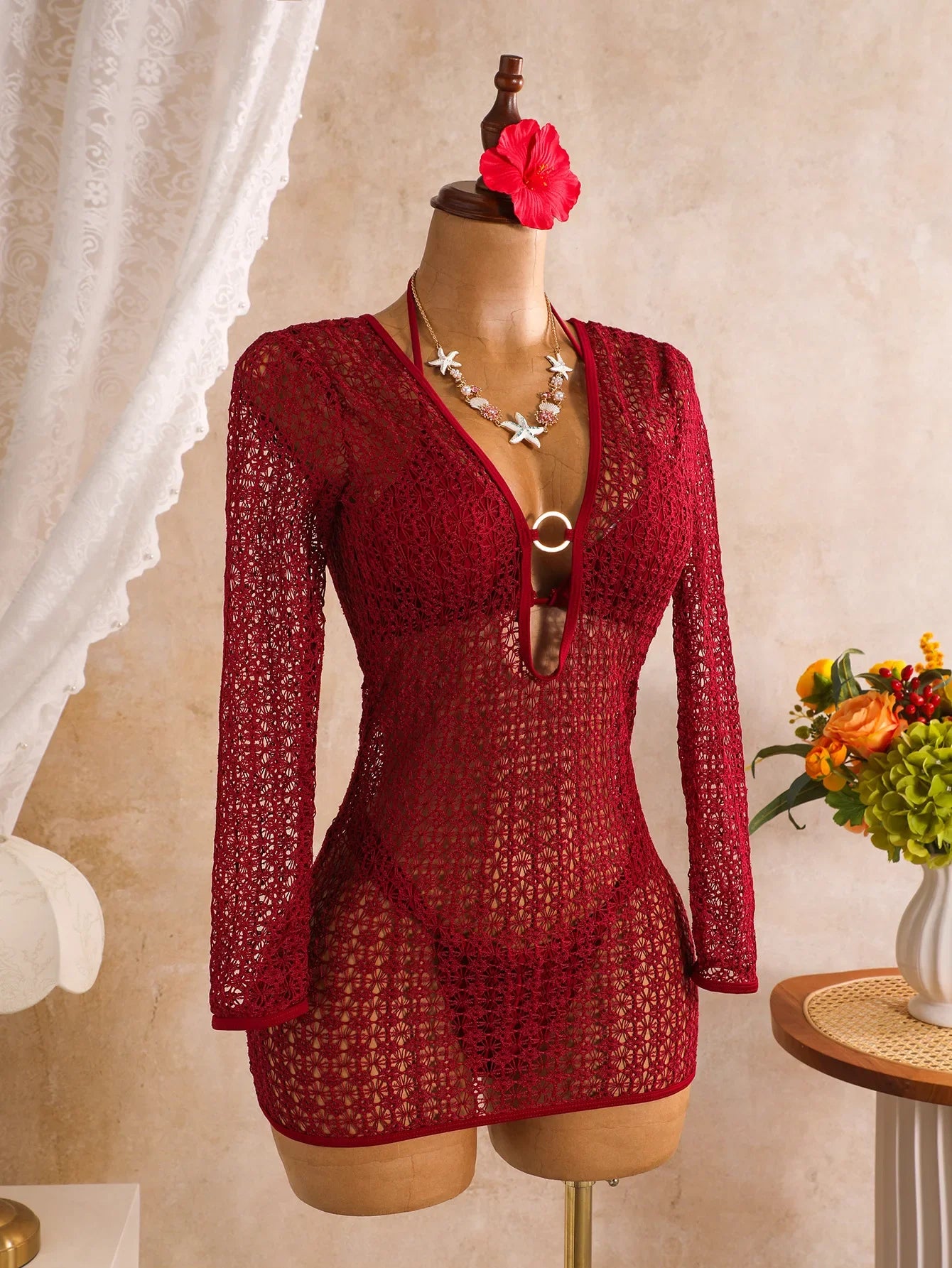 Sexy Coffee Mesh Long Sleeve Cover Up 3 Piece Swimsuit