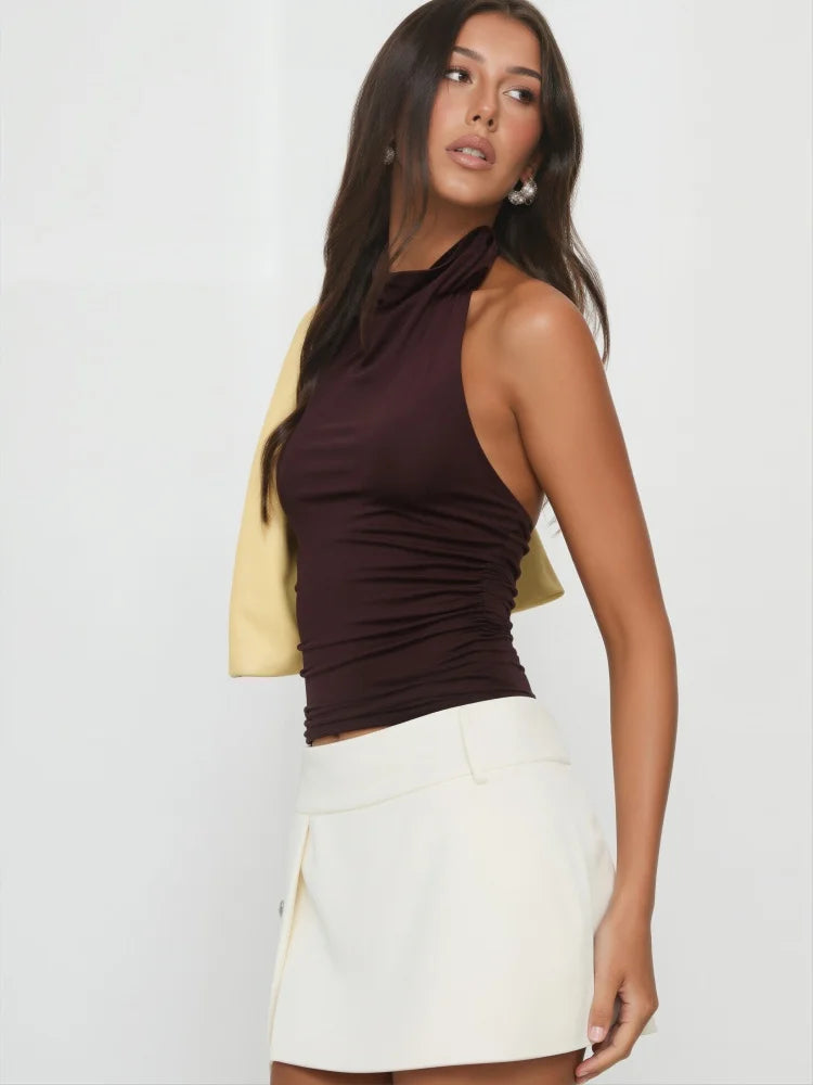 Halter Neck Draped Neck Fitted Pleated Crop Top