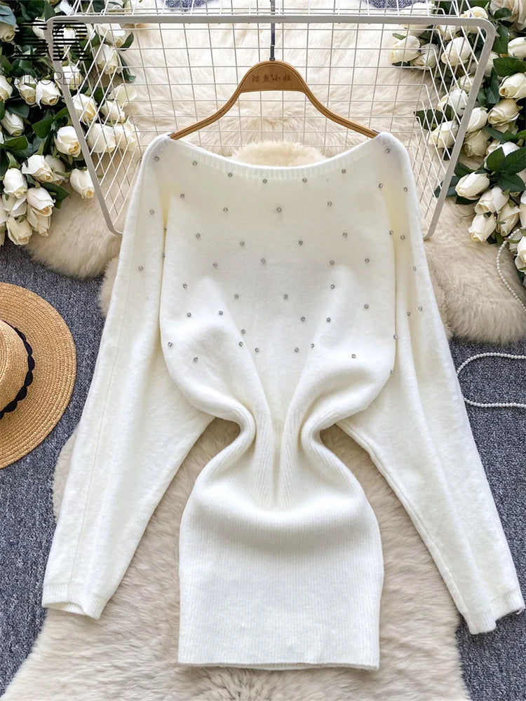 Winter Sexy Beading Knitted Dress
