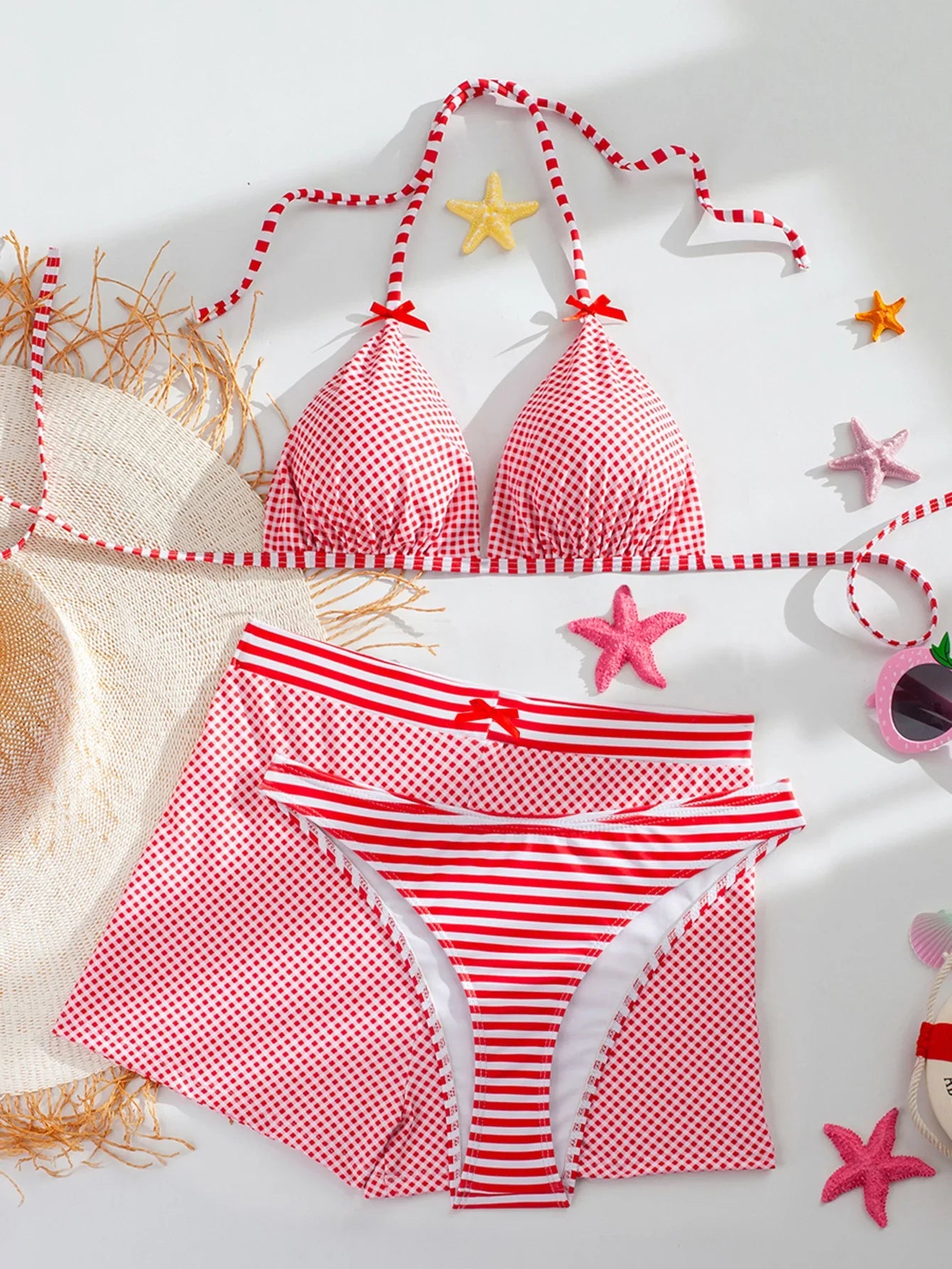 Sexy Red Striped High Waist Short 3 Piece Bikini Set