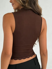 Solid Color Sleeveless Mock Neck Lace Hem Fitted Crop Top