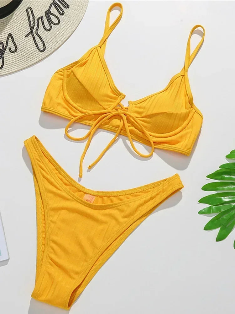 Sexy Ribbed Underwired V-Bar Bikini