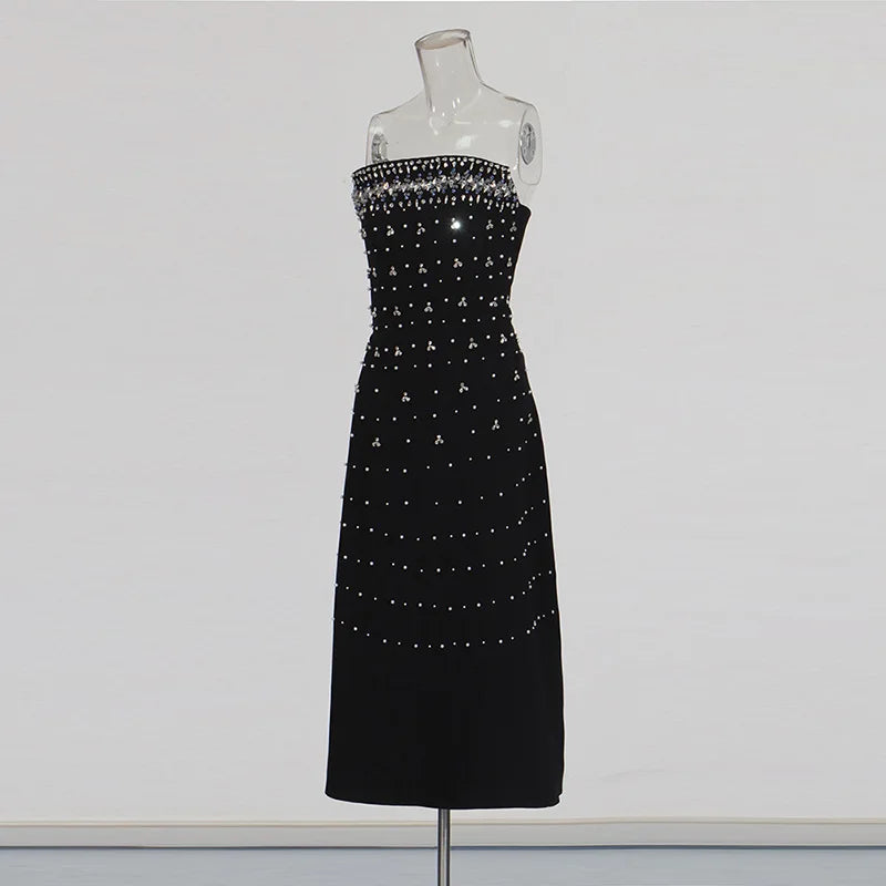 Black Strapless High Waist Hot Drilling Luxury Evening Dress