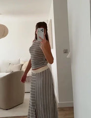 Striped Knit 2 Piece Set Sleeveless Tank Top