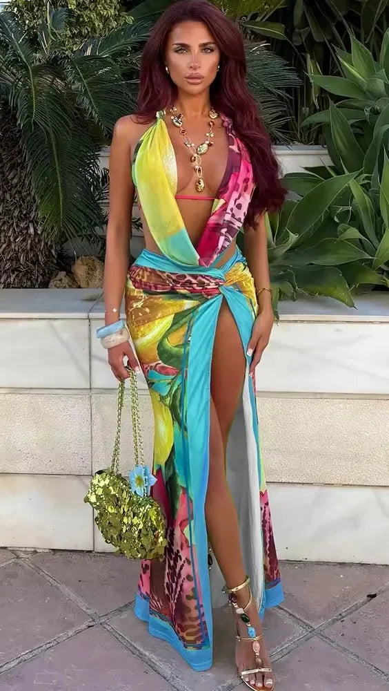 Sexy Halter Deep V Wrap Printed Dress