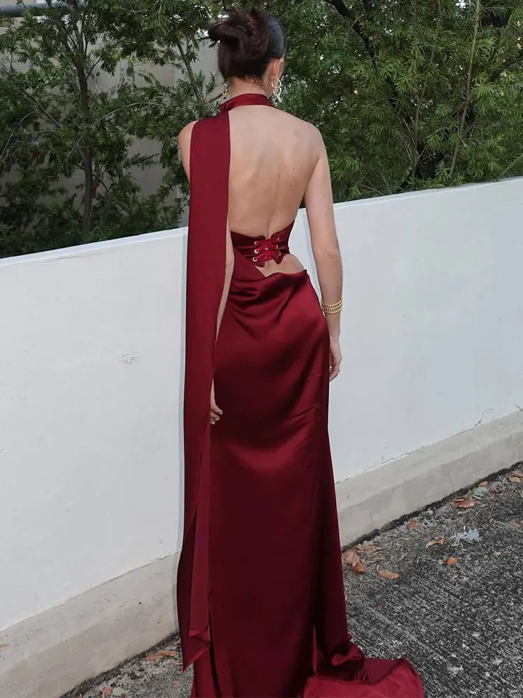Elegant Satin Halter Maxi Dress