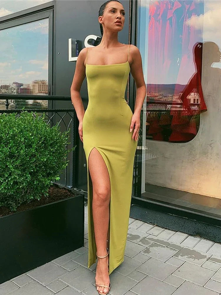 Spaghetti Strap Straight Neck Bodycon Midi Dress