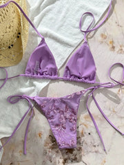 Sexy Purple Floral Embroidery Bikini Set