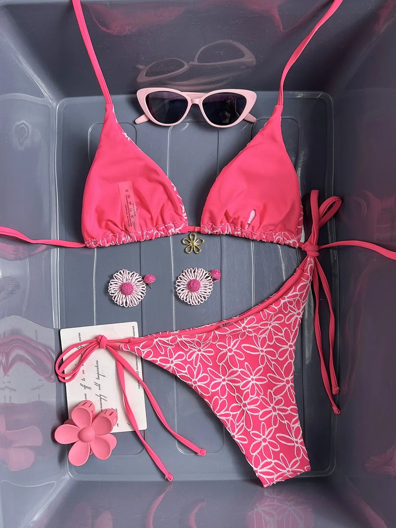 Sexy Pink Mesh Flower Bikini Set