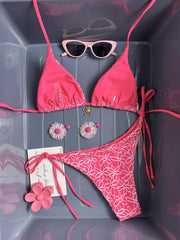 Sexy Pink Mesh Flower Bikini Set