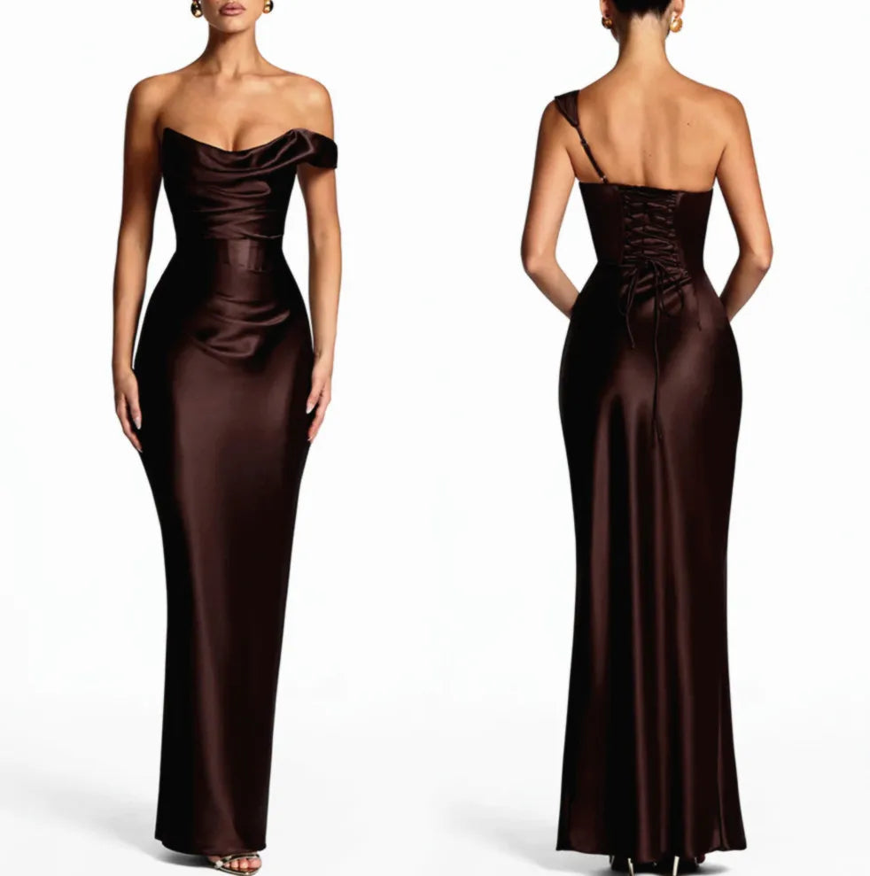 Sexy Light Blue Silky Satin One Shoulder Cowl Neck Draped Maxi Dress