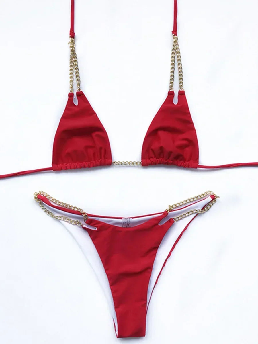 Sexy Halter Metal Chains Brazilian Bikini