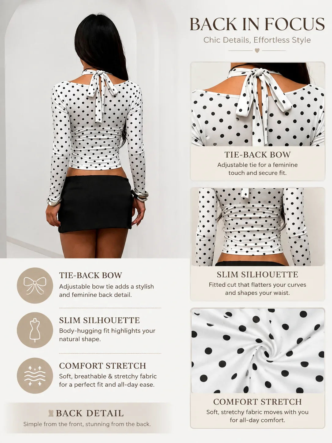 Polka Dot Long Sleeve Crop Top
