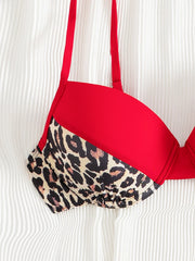Sexy Red Leopard Print Patchwork Bikini Set