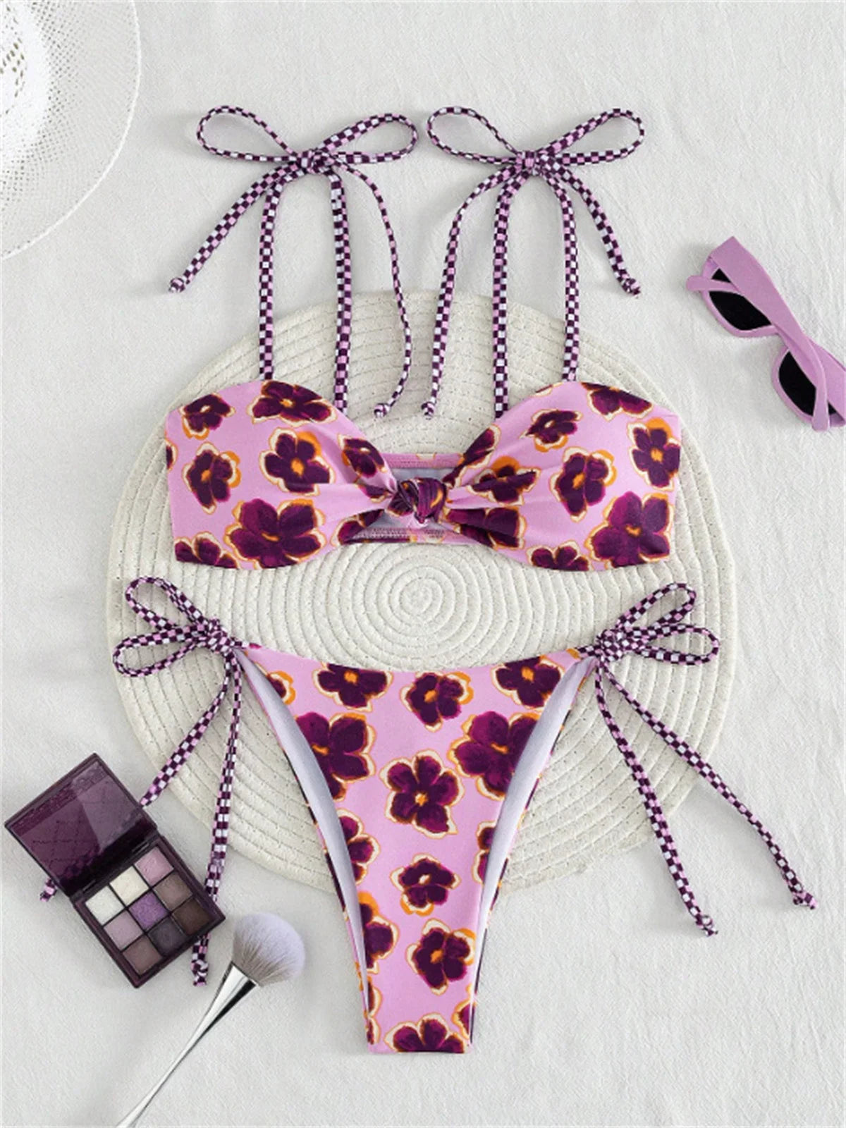 Cute Purple Flower Print Bikini Set