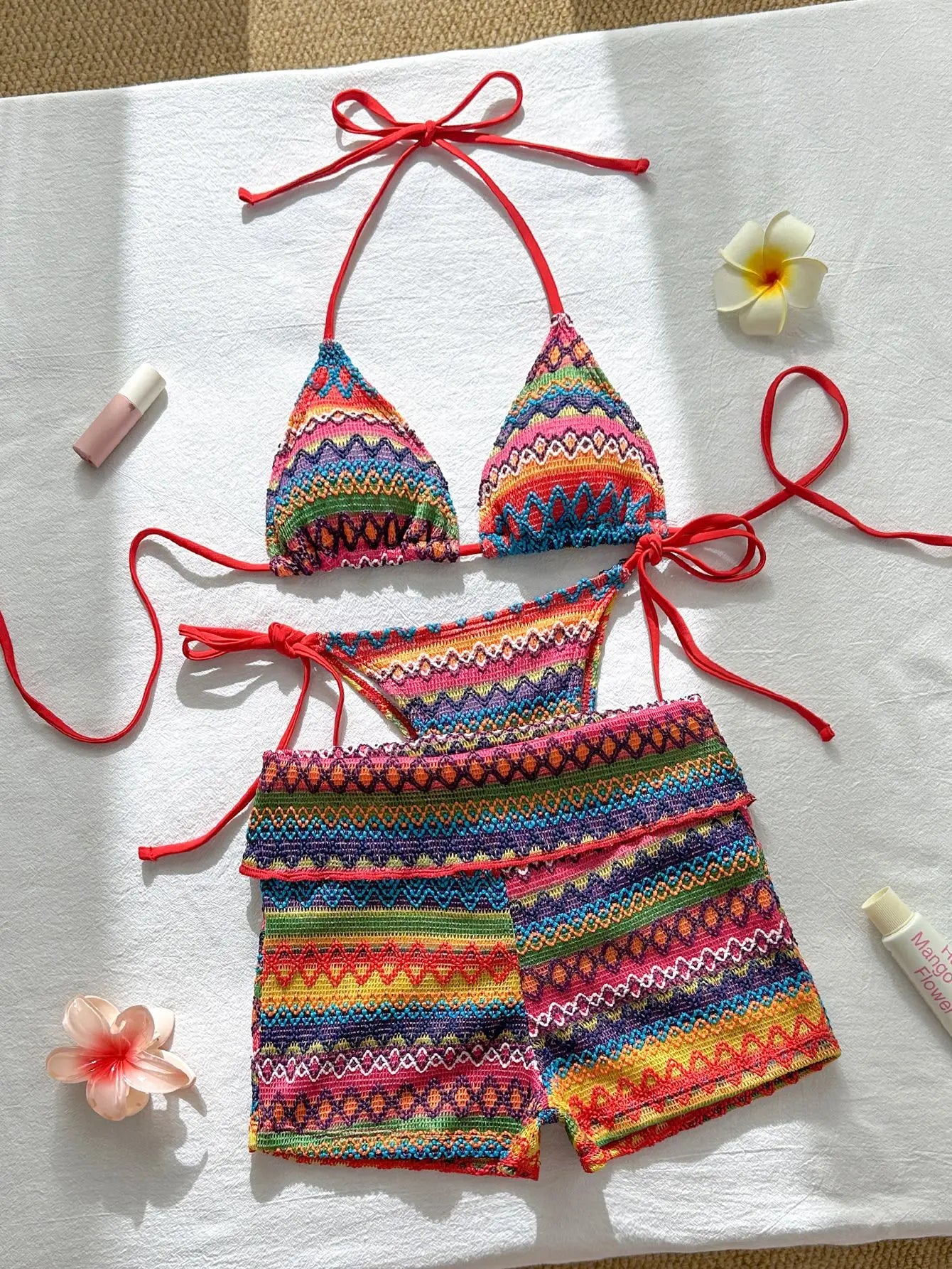 Sexy Red Striped Knitted Bikini Set